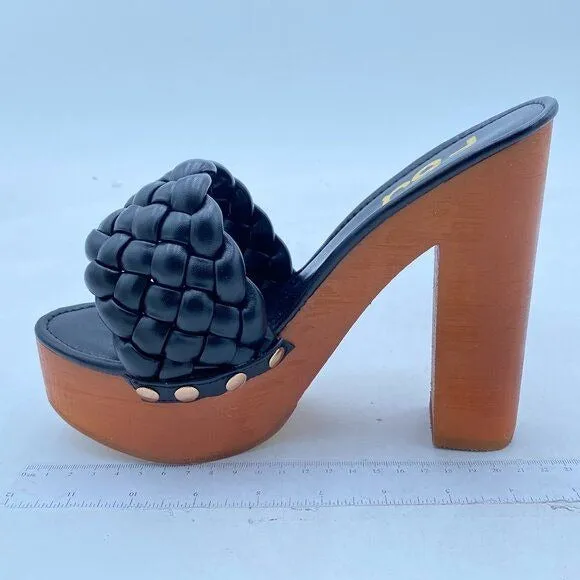 FSJ Black Braided Open Toe Chunky High Heel Sandal Woven Slip On Platform Mule