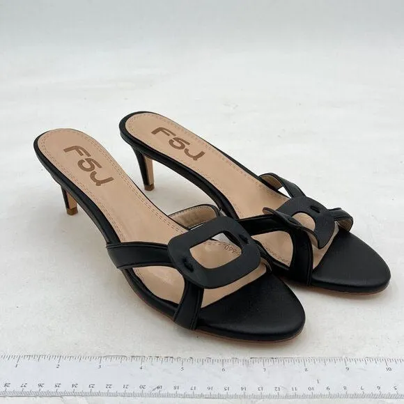 FSJ Black Open Toe Sandals Mid Heel Slip On Mule Comfy Summer Slide Shoes
