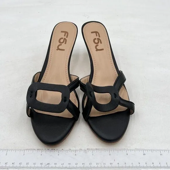 FSJ Black Open Toe Sandals Mid Heel Slip On Mule Comfy Summer Slide Shoes