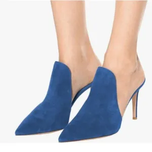 FSJ Blue Pointed Toe Slide Mule Sandal Slippers Stiletto High Heels Loafers