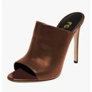 FSJ Brown Open Peep Toe Mule Sandals Wide Strap Slide Slippers High Heels Shoes