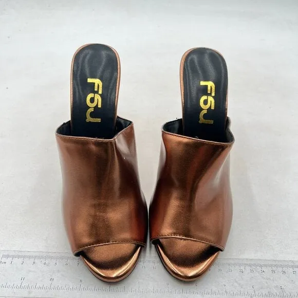 FSJ Brown Open Peep Toe Mule Sandals Wide Strap Slide Slippers High Heels Shoes