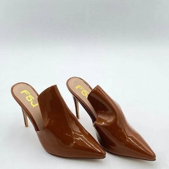 FSJ Brown Pointed Toe Slide Mule Sandal Slipper High Heels Loafers Shoes