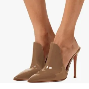 FSJ Brown Pointed Toe Slide Mule Sandal Slipper High Heels Loafers Shoes