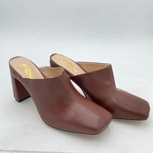 FSJ Brown Squared Toe Mule Chunky High Heels Backless Sandals Summer Casual Shoe