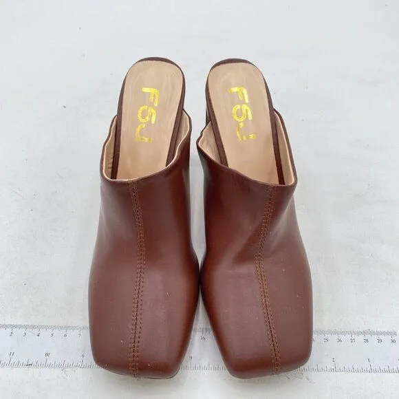 FSJ Brown Squared Toe Mule Chunky High Heels Backless Sandals Summer Casual Shoe