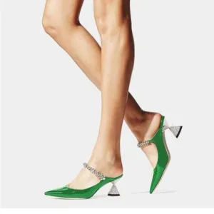 FSJ Emerald Rhinestone Cone Low Heel Mule Pointed Toe One Strap Slip On Sandals