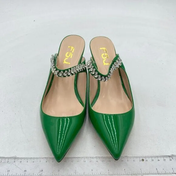 FSJ Emerald Rhinestone Cone Low Heel Mule Pointed Toe One Strap Slip On Sandals