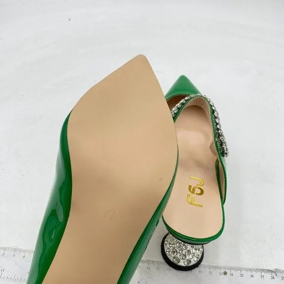 FSJ Emerald Rhinestone Cone Low Heel Mule Pointed Toe One Strap Slip On Sandals
