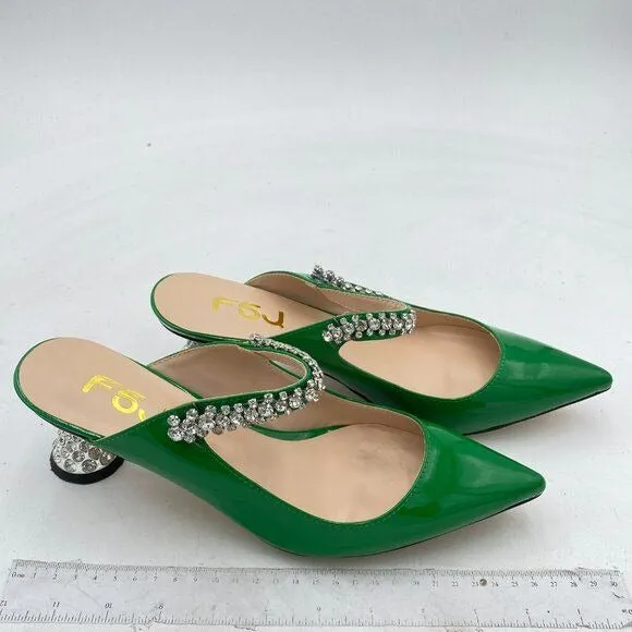 FSJ Emerald Rhinestone Cone Low Heel Mule Pointed Toe One Strap Slip On Sandals