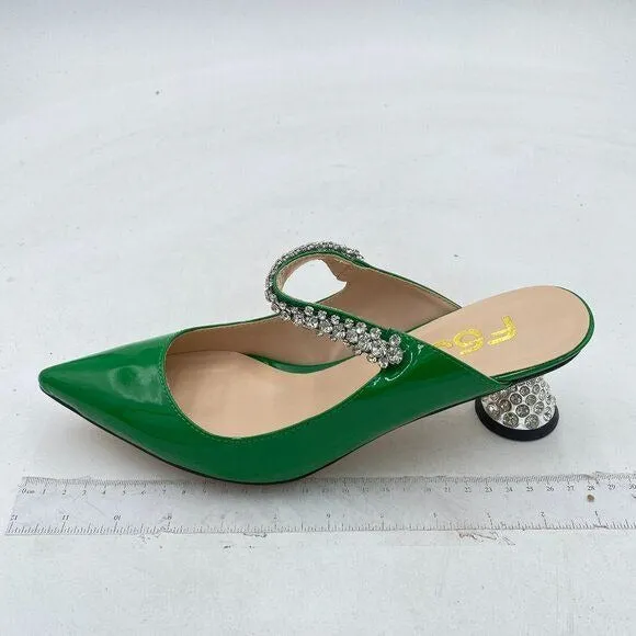 FSJ Emerald Rhinestone Cone Low Heel Mule Pointed Toe One Strap Slip On Sandals