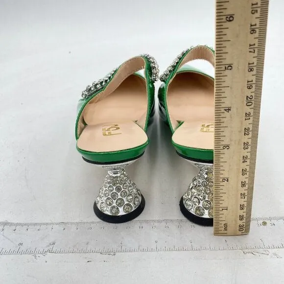 FSJ Emerald Rhinestone Cone Low Heel Mule Pointed Toe One Strap Slip On Sandals