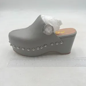 FSJ Grey Closed Toe Platform Mid Heel Slides Mule Slip On Round Metal Shoes