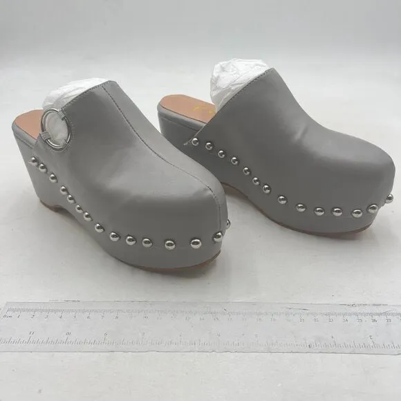 FSJ Grey Closed Toe Platform Mid Heel Slides Mule Slip On Round Metal Shoes