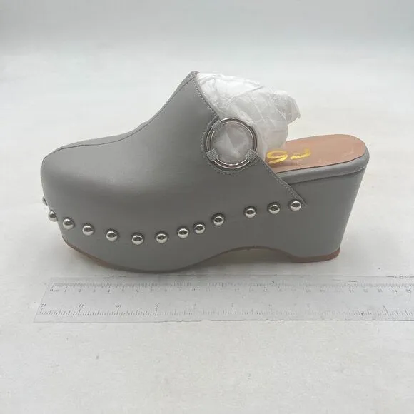FSJ Grey Closed Toe Platform Mid Heel Slides Mule Slip On Round Metal Shoes