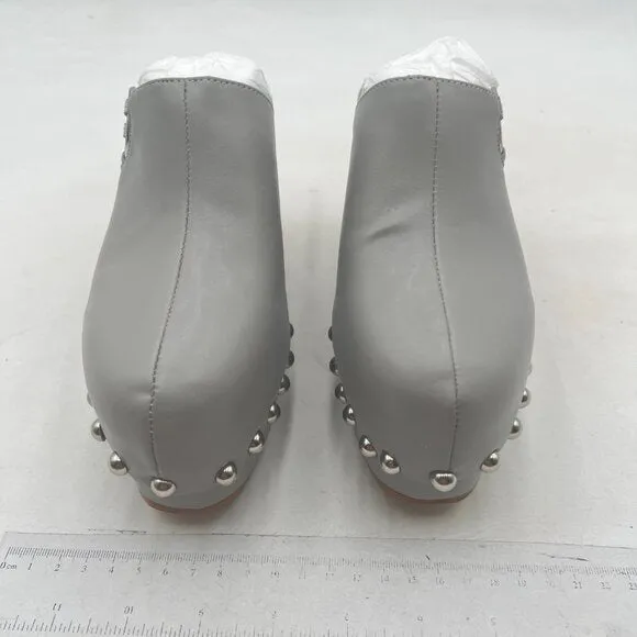 FSJ Grey Closed Toe Platform Mid Heel Slides Mule Slip On Round Metal Shoes