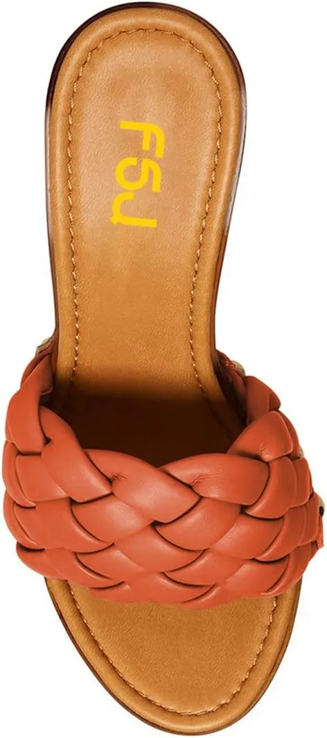 FSJ Shoes Women Braided Open Toe Chunky High Heel Sandal Woven Slip On Mule Comfortable Platform Casual Backless Dress Slide Slippers Size 4-15 US