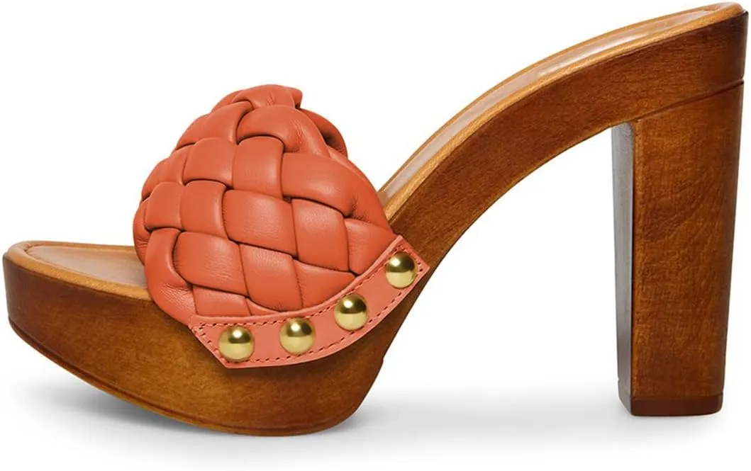 FSJ Shoes Women Braided Open Toe Chunky High Heel Sandal Woven Slip On Mule Comfortable Platform Casual Backless Dress Slide Slippers Size 4-15 US