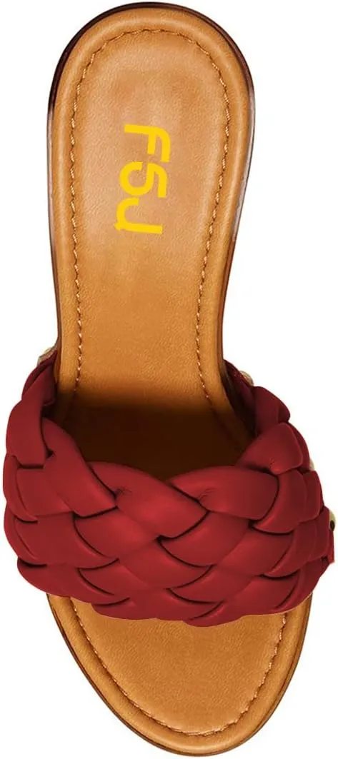 FSJ Shoes Women Braided Open Toe Chunky High Heel Sandal Woven Slip On Mule Comfortable Platform Casual Backless Dress Slide Slippers Size 4-15 US