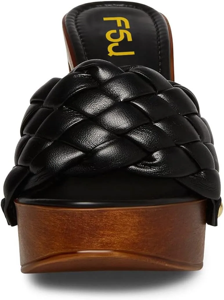 FSJ Shoes Women Braided Open Toe Chunky High Heel Sandal Woven Slip On Mule Comfortable Platform Casual Backless Dress Slide Slippers Size 4-15 US