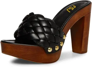 FSJ Shoes Women Braided Open Toe Chunky High Heel Sandal Woven Slip On Mule Comfortable Platform Casual Backless Dress Slide Slippers Size 4-15 US