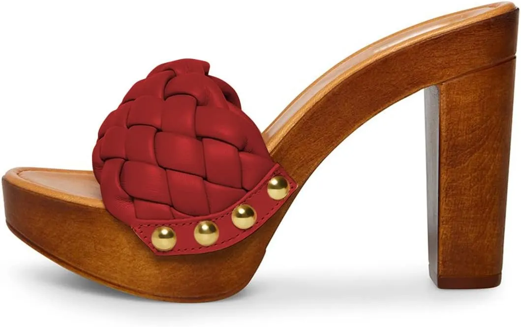 FSJ Shoes Women Braided Open Toe Chunky High Heel Sandal Woven Slip On Mule Comfortable Platform Casual Backless Dress Slide Slippers Size 4-15 US