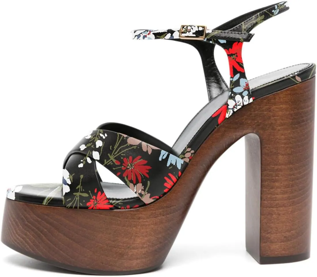 FSJ Women Chunky Block High Heel Platform Open Toe Sandals Ankle Strap Buckle Comfortable Wooden Heel Prom Party Brunch Dress Shoes Size 4-16 US