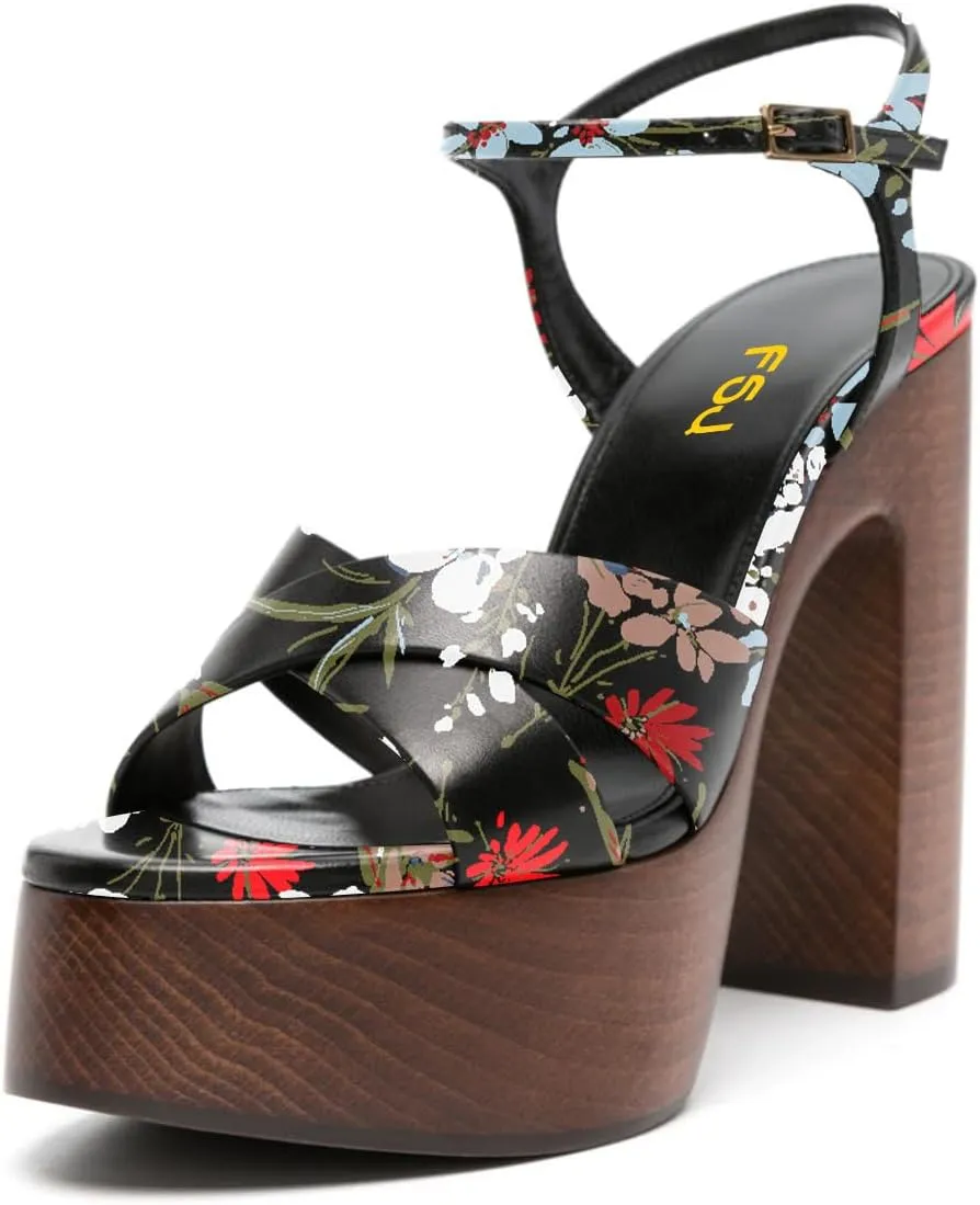 FSJ Women Chunky Block High Heel Platform Open Toe Sandals Ankle Strap Buckle Comfortable Wooden Heel Prom Party Brunch Dress Shoes Size 4-16 US