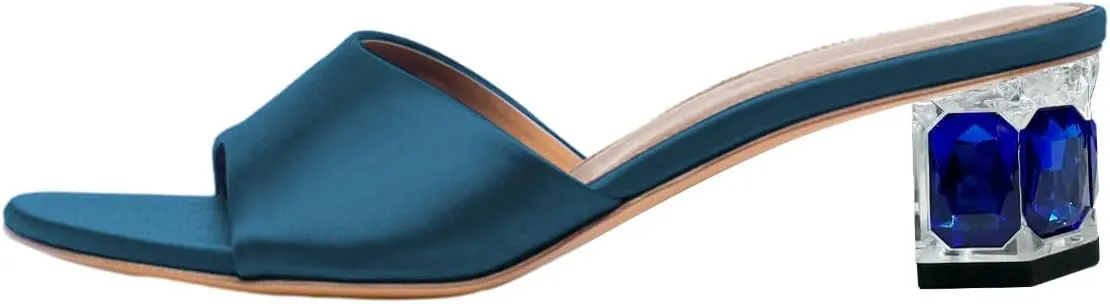 FSJ Women Gemstone Block Mule Heeled Sandals Open Toe Crystal Chunky Heels Slip On Backless Slide Dressy Party Prom Shoes Size 4-16 US