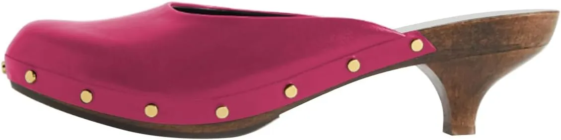 FSJ Women Retro Round Closed Toe Mules Wooden Kitten Heel Trendy Studded Slide Sandals Vintage Dressy Pumps Shoes Size 4-16 US
