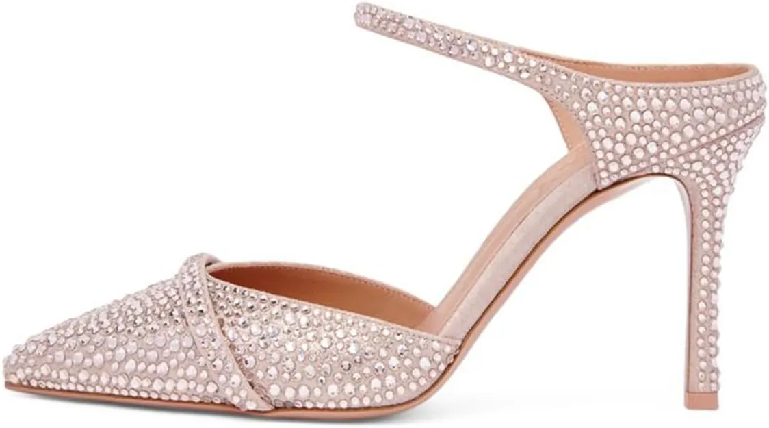FSJ Women Sexy Stiletto High Heels Mule Rhinestones Strappy Slide Pumps Slip On Pointed Closed Toe Backless Sandals Wedding Party Dress Shoes Size 4-16 US