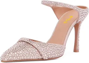 FSJ Women Sexy Stiletto High Heels Mule Rhinestones Strappy Slide Pumps Slip On Pointed Closed Toe Backless Sandals Wedding Party Dress Shoes Size 4-16 US