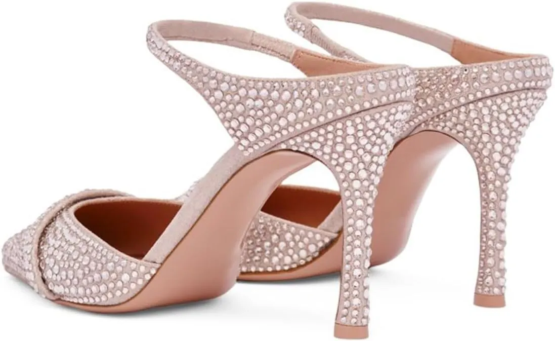 FSJ Women Sexy Stiletto High Heels Mule Rhinestones Strappy Slide Pumps Slip On Pointed Closed Toe Backless Sandals Wedding Party Dress Shoes Size 4-16 US