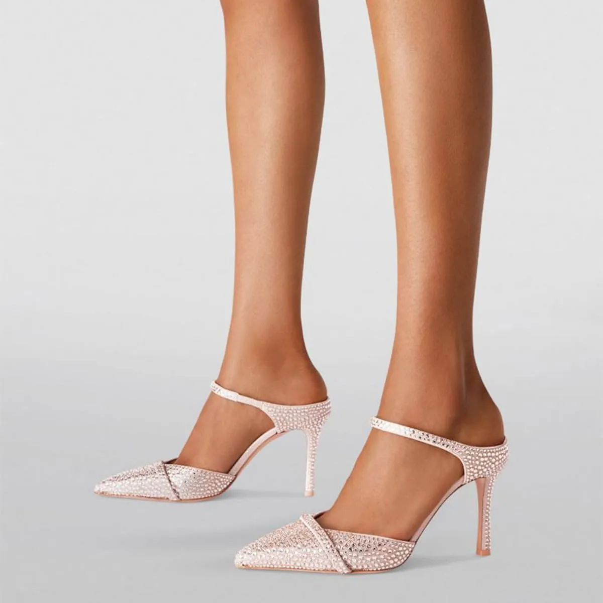 FSJ Women Sexy Stiletto High Heels Mule Rhinestones Strappy Slide Pumps Slip On Pointed Closed Toe Backless Sandals Wedding Party Dress Shoes Size 4-16 US