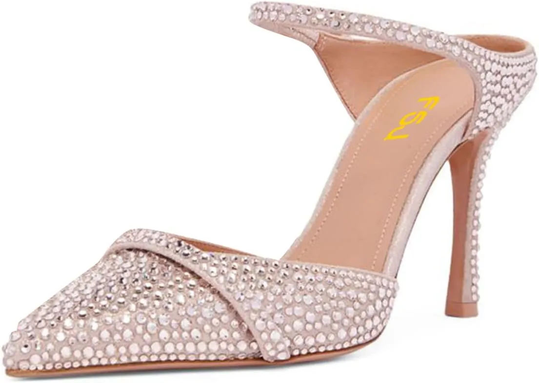 FSJ Women Sexy Stiletto High Heels Mule Rhinestones Strappy Slide Pumps Slip On Pointed Closed Toe Backless Sandals Wedding Party Dress Shoes Size 4-16 US