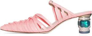 FSJ Women Strappy Crystal Mid Heel Sandals Pointed Toe Slip On Mule Pumps Cutout Chic Shoes