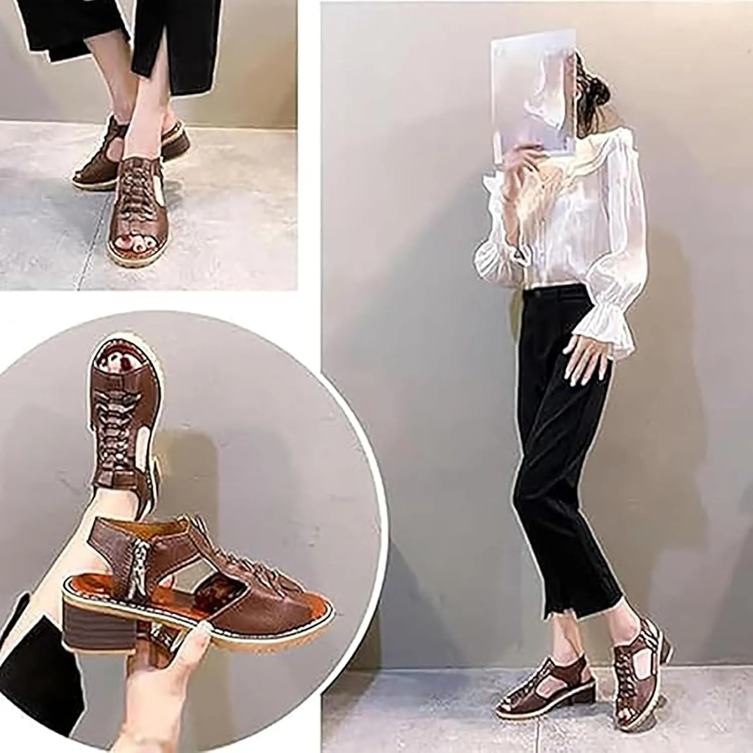 Funfany Peep Toe Cutout Zipper Chunky Heeled Sandals, Women's Peep Toe Comfy Sandals, Peep Toe Sandal for Women