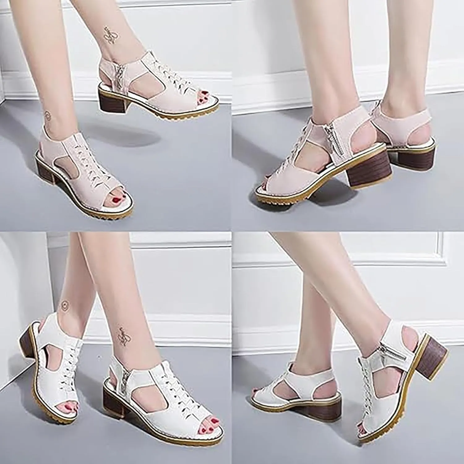 Funfany Peep Toe Cutout Zipper Chunky Heeled Sandals, Women's Peep Toe Comfy Sandals, Peep Toe Sandal for Women