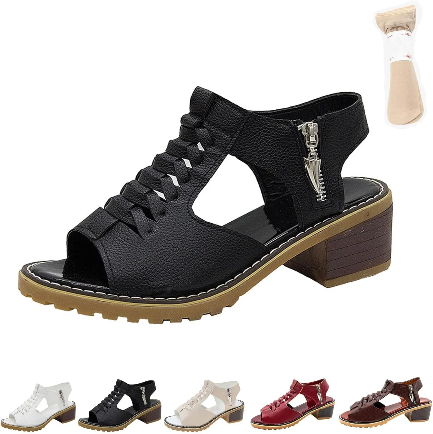 Funfany Peep Toe Cutout Zipper Chunky Heeled Sandals, Women's Peep Toe Comfy Sandals, Peep Toe Sandal for Women
