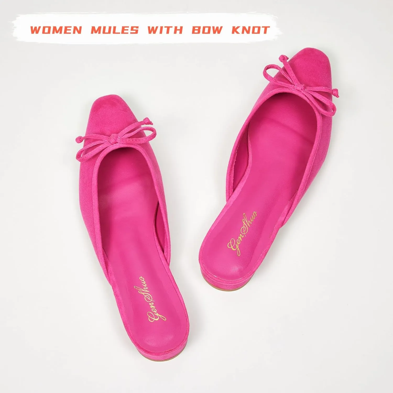 GENSHUO Mules for Women Flats Comfortable Slip On Women Bow Square Toe Mules Closed Cute Backless Loafers Mule Shoes for Women