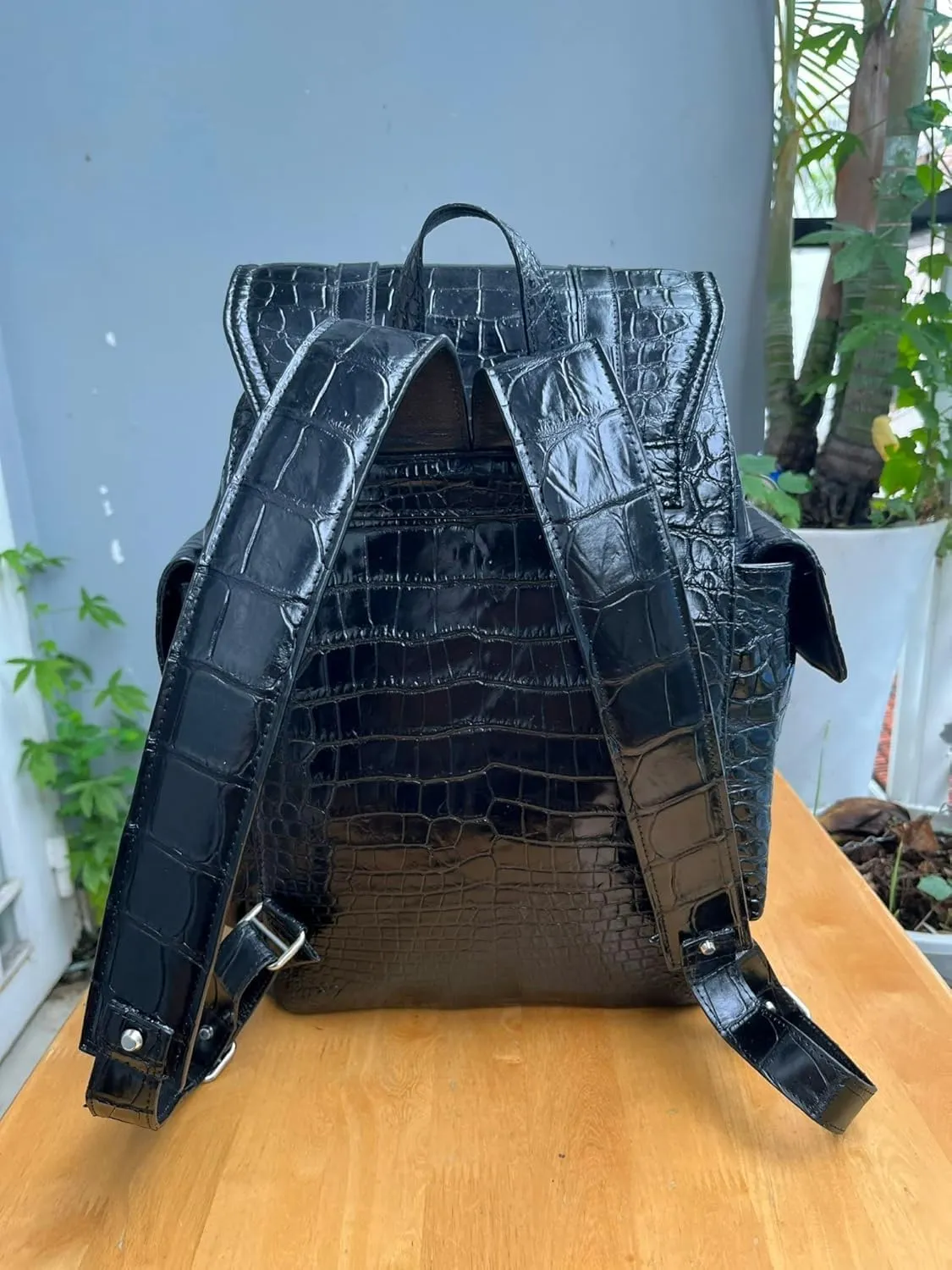 Genuine Alligator Leather Skin Backpack for mens women's Crocodile bag for men (Black)