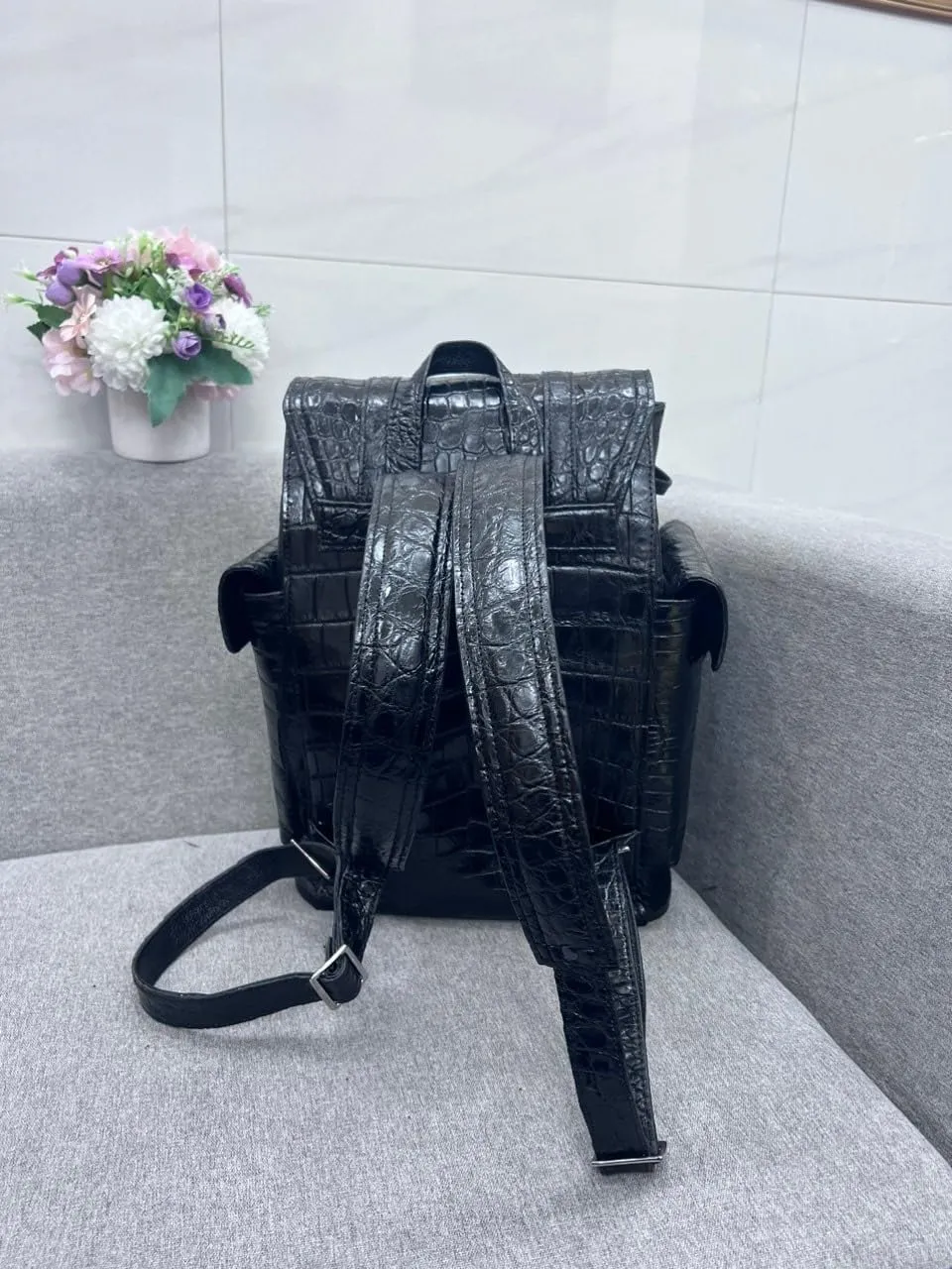 Genuine Alligator Leather Skin Backpack for mens women's Crocodile bag for men (Blue)