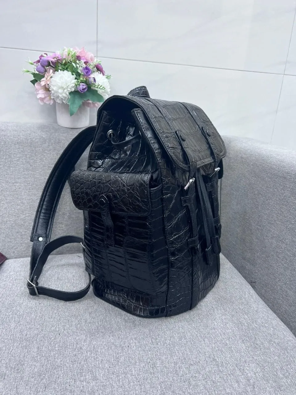 Genuine Alligator Leather Skin Backpack for mens women's Crocodile bag for men (Blue)