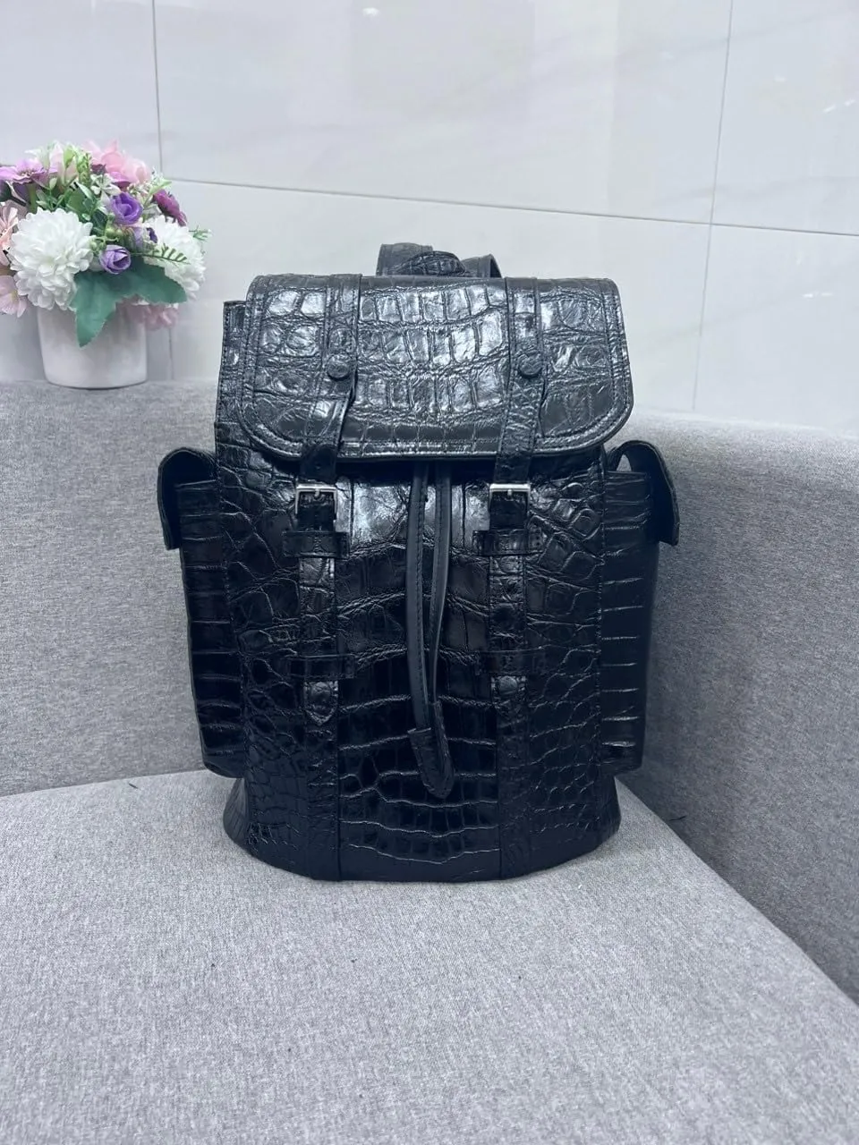 Genuine Alligator Leather Skin Backpack for mens women's Crocodile bag for men (Blue)