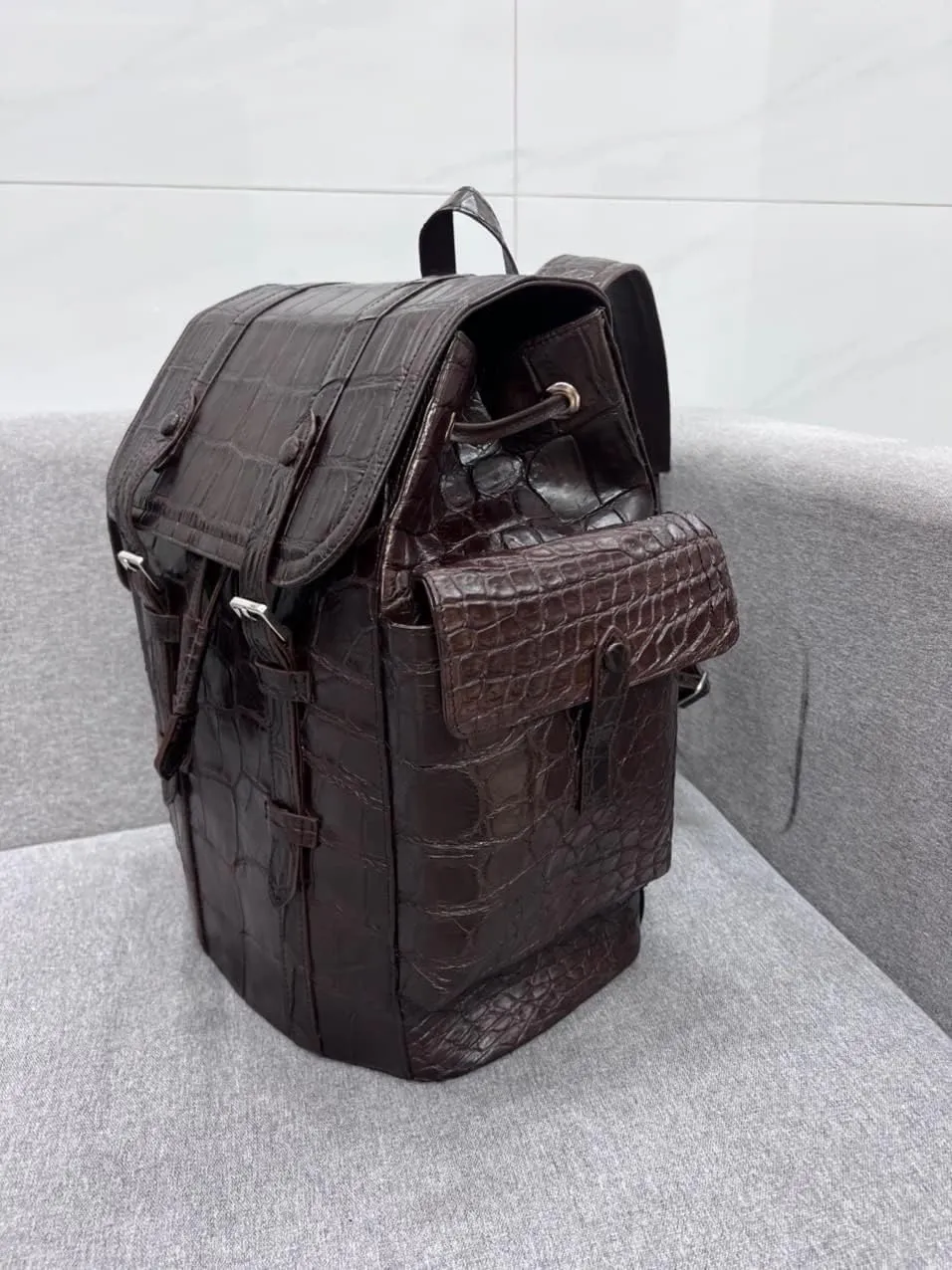 Genuine Alligator Leather Skin Backpack for mens women's Crocodile bag for men (Brown)