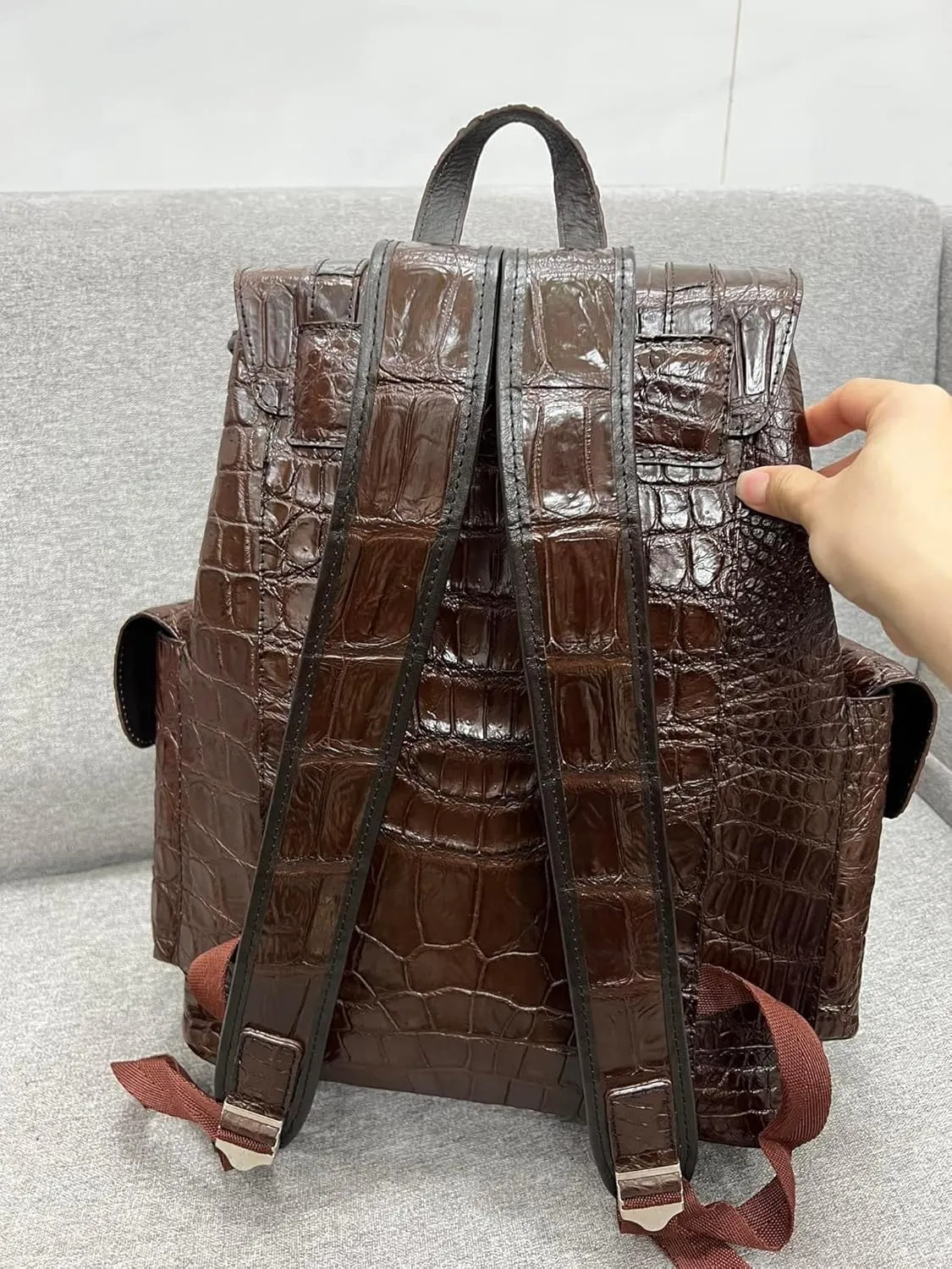 Genuine Alligator Leather Skin Backpack for mens women's Crocodile bag for men (Brown)