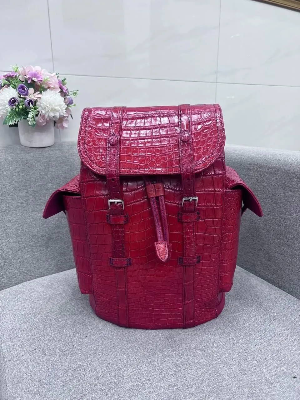 Genuine Alligator Leather Skin Backpack for mens women's Crocodile bag for men (Burgundy)