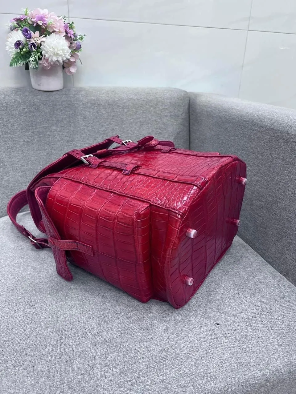 Genuine Alligator Leather Skin Backpack for mens women's Crocodile bag for men (Burgundy)