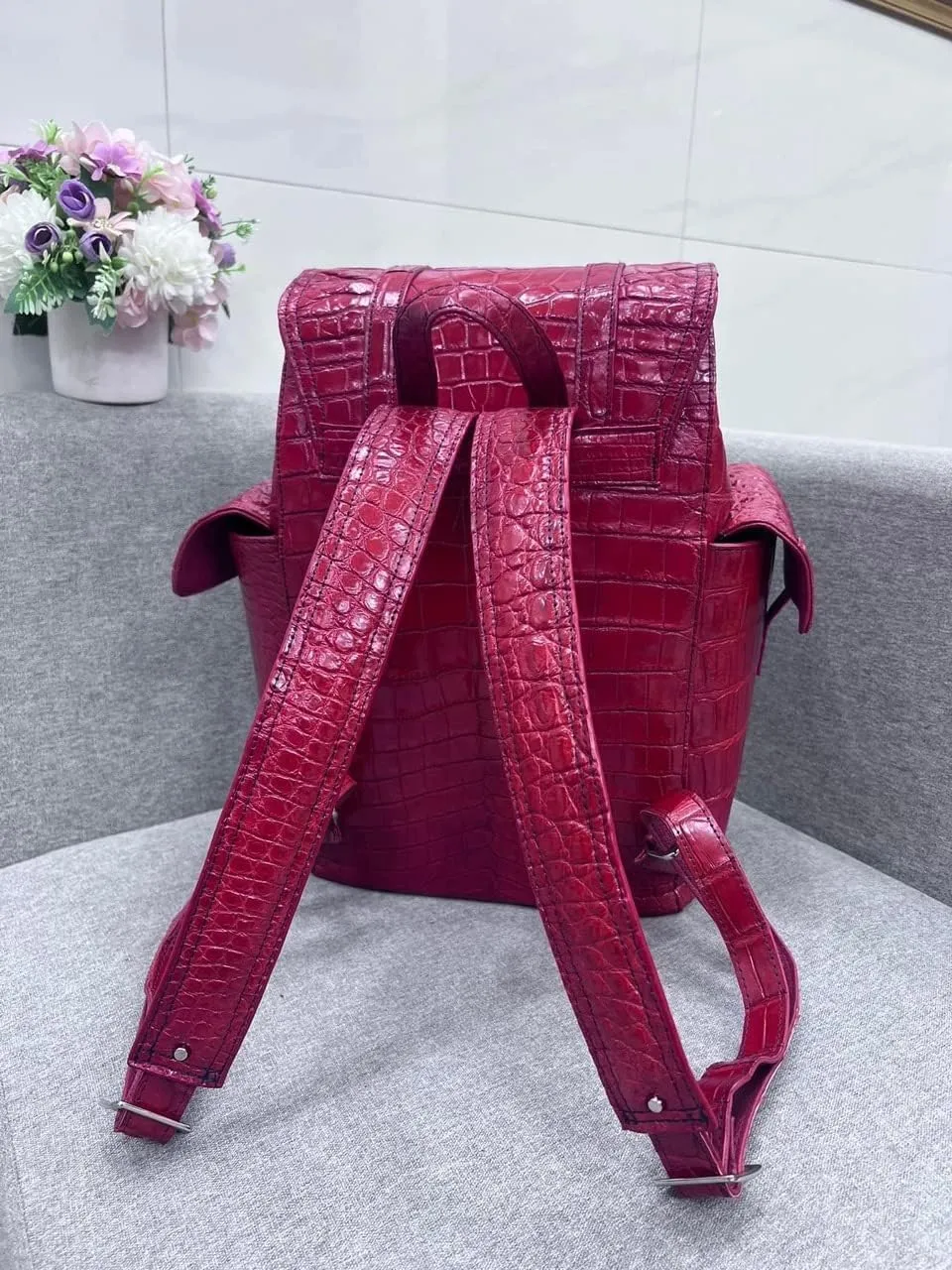 Genuine Alligator Leather Skin Backpack for mens women's Crocodile bag for men (Burgundy)