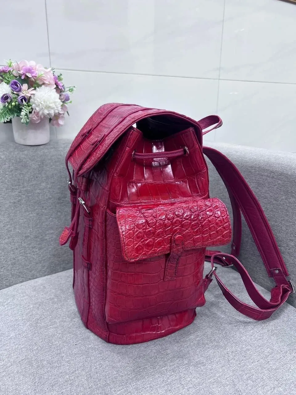 Genuine Alligator Leather Skin Backpack for mens women's Crocodile bag for men (Burgundy)